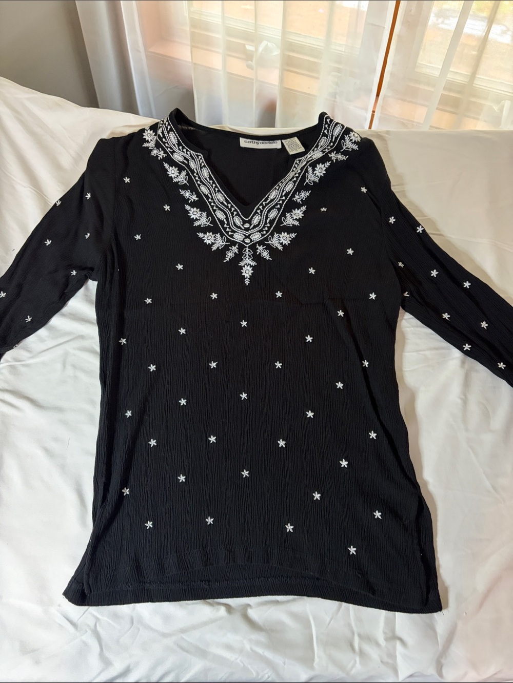 Cathy Daniels Black Long-Sleeve V-Neck Tunic with White Embroidery